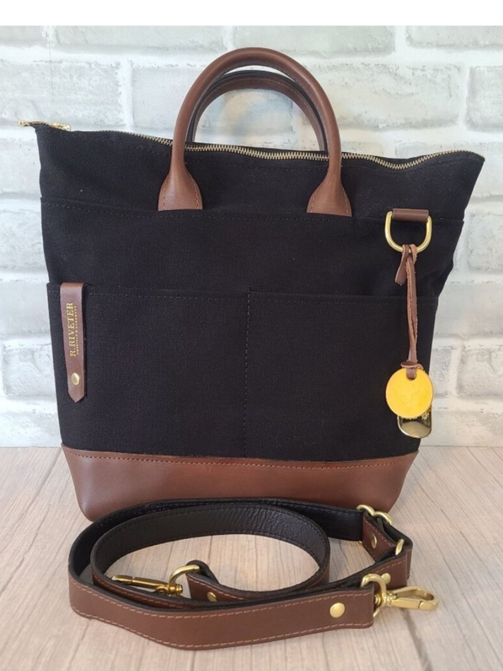 Black and Brown Canvas Tote with Leather Trim